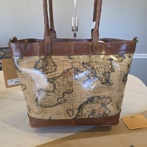 Patricia Nash Brown and Cream Map Tote Bag